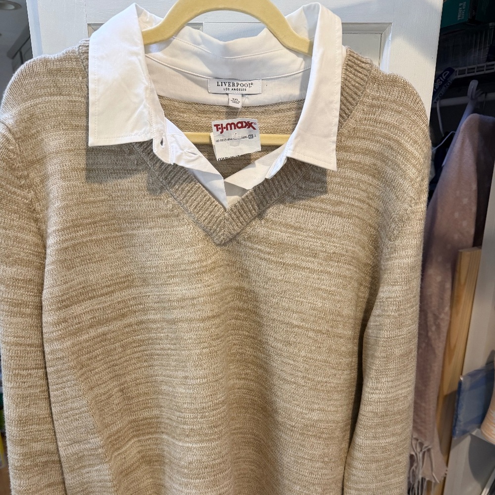 Liverpool of Los Angeles Long Sleeve Twofer Sweater Oatmeal NWT